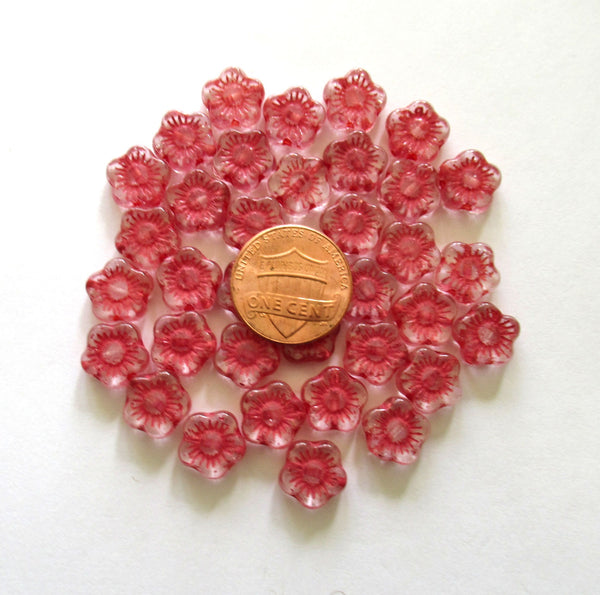 Lot of twenty 10mm Czech glass flower beads - crystal clear beads with a deep pink wash - C0046