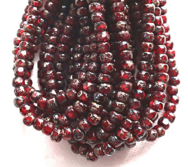 50 4 x 3mm, Tricut, Tri-cut, 3 cut Round Czech glass beads, Garent Red picasso, earthy, rustic 6/0 seed beads C66101