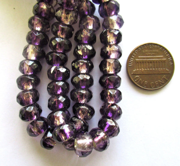 Ten Czech glass roller beads - 8.5 x 5mm tanzanite purple silver lined, faceted roller, rondelle, big 3.5mm hole beads C00621