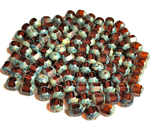 15 Czech glass faceted cathedral or barrel beads six sides - 8mm fire polished Madeira topaz beads with picasso finish on the ends C0096