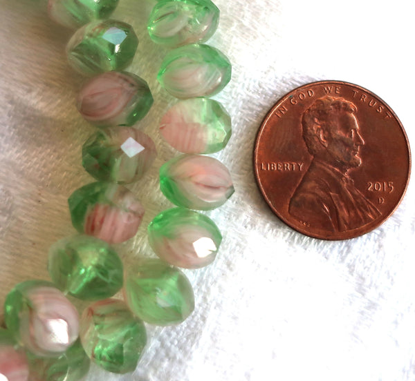 25 6 x 9mm Czech glass puffy rondelles, marbled multicolored mix of milky pink & transparent green faceted puffy rondelle beads, C76225 - Glorious Glass Beads