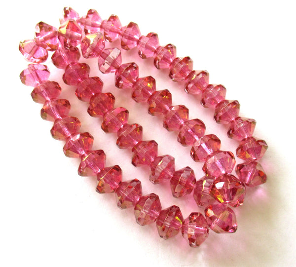 15 pink faceted Czech glass rivoli or saucer beads - 6 x 9mm transparent pink with crystal centers and gold accents - C05101