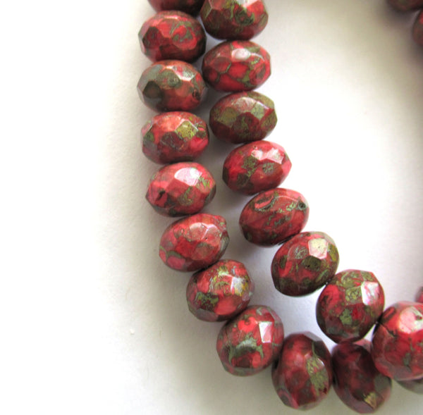 25 Czech glass faceted puffy rondelle beads - 6 x 9mm opaque red beads with a full picasso coat - earthy rustic beads 00523