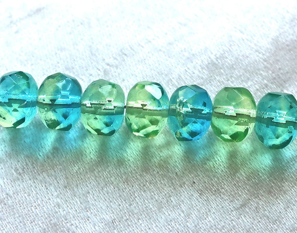 25 faceted Czech glass puffy rondelle beads, 8 x 6mm transparent mint green and aqua blue mix, rondelles on sale 0901 - Glorious Glass Beads