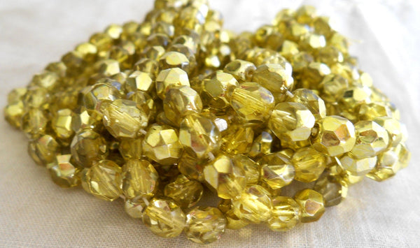 25 6mm Czech glass beads, Gold Mirror Half Tone, metalic, firepolished faceted round beads C9325