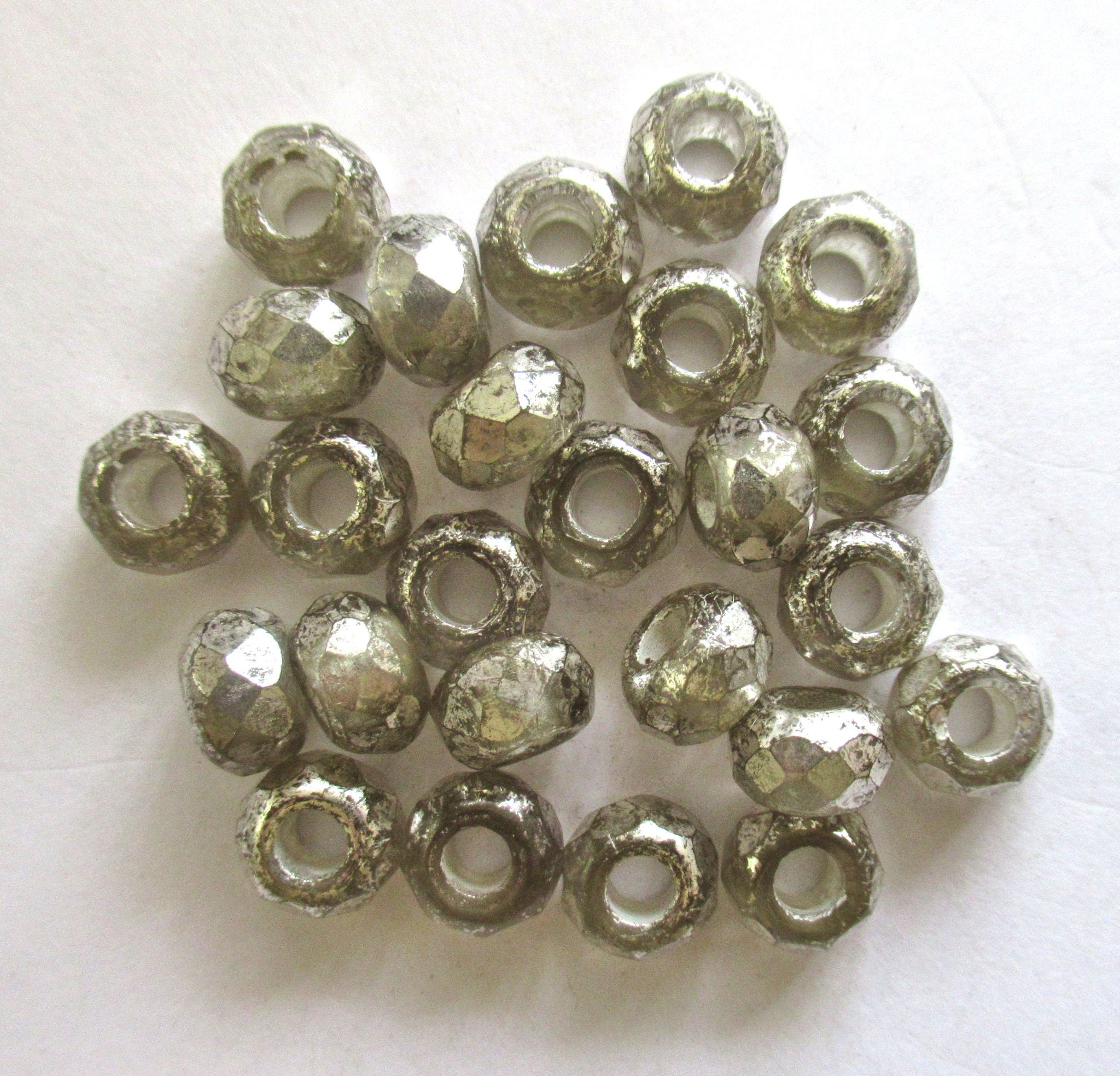 Ten Czech glass roller beads - 6 x 9mm rustic, earthy antique silver, faceted roller , rondelle , big 3.5mm hole beads C0099
