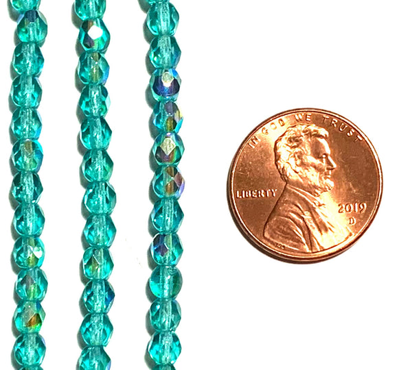 Lot of 50 4mm light teal blue green AB Czech glass beads, round, faceted fire polished beads C0055