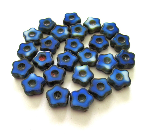 Lot of 10 Czech glass flower beads - 11mm opaque marbled blue and white table cut beads with red picasso accents - 00031