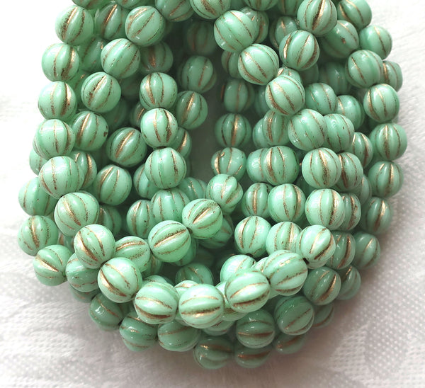 25 Czech glass melon beads, 6mm opaque mint green with gold accents, pressed striped beads C0901 - Glorious Glass Beads