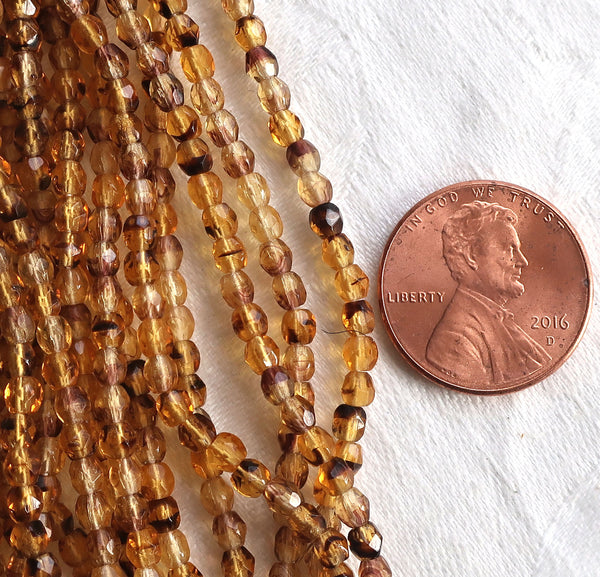 Lot of 50 3mm Tortoise Shell, Tortoiseshell, Amber faceted round firepolished glass beads C0004