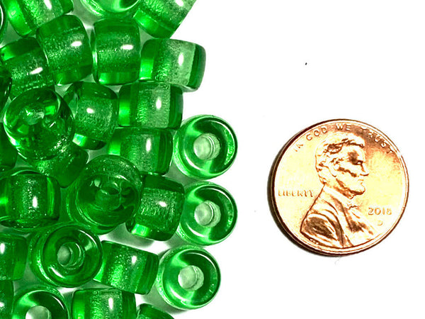 Twenty-five 9mm Czech glass pony, crow, roller beads - peridot green large hole beads - C0094