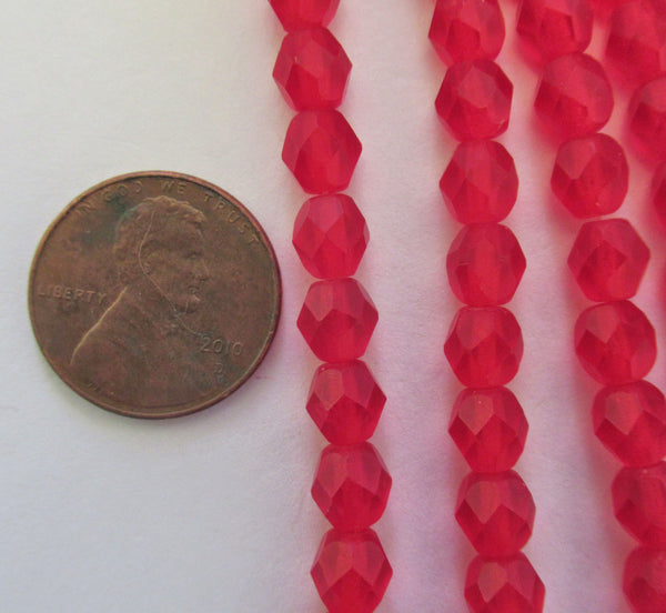 25 6mm Czech glass beads - siam ruby red with a matte finish - fire polished, faceted round beads - C0075