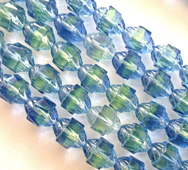 Ten Czech glass turbine beads - 10 x 8mm blue & green mix faceted fire polished beads C00002