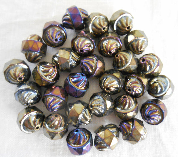 Ten 11 x 10mm Czech Brown Iris turbine, cathedral, saturn beads, brown multicolored iridescent Czech glass beads C8410