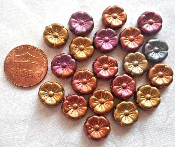 Lot of 20 12mm purple. blue, pink, orange & gold metallic Czech glass flower beads, bronze iris pressed glass Hawaiian flowers, C06101 - Glorious Glass Beads