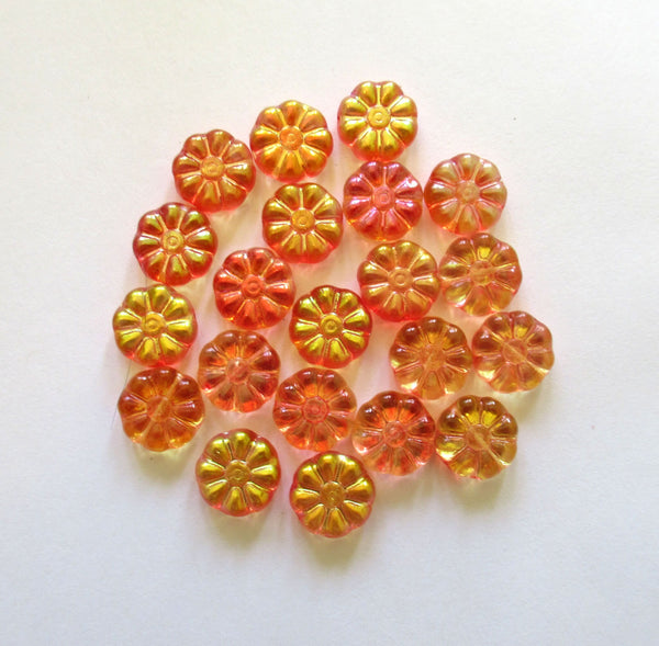 Ten 12mm Czech glass flower beads - metallic two tone orange ab pressed glass flowers - C0089