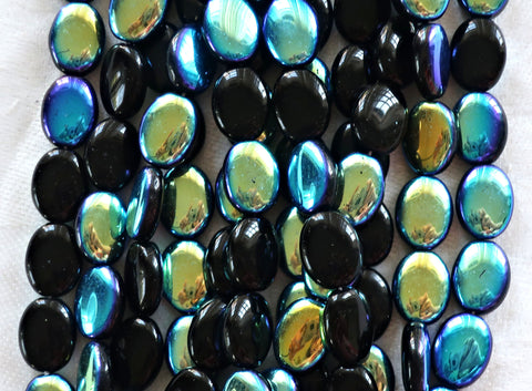 25 Jet Black AB flat oval Czech Glass beads, 12mm x 9mm pressed glass beads C5325 - Glorious Glass Beads