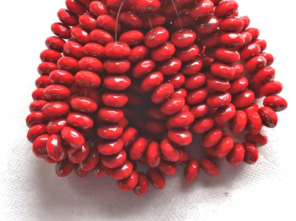 Lot of 25 Opaque Bright Red Picasso faceted puffy rondelle or donut beads, 5 x 7mm, Czech glass beads C16101 - Glorious Glass Beads