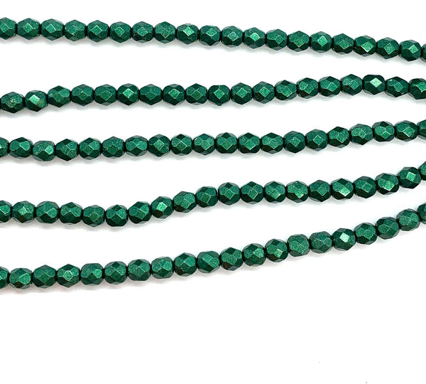 25 faceted round Czech glass beads - 6mm fire polished saturated metallic olive green beads - C0045