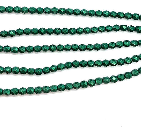 25 faceted round Czech glass beads - 6mm fire polished saturated metallic olive green beads - C0045