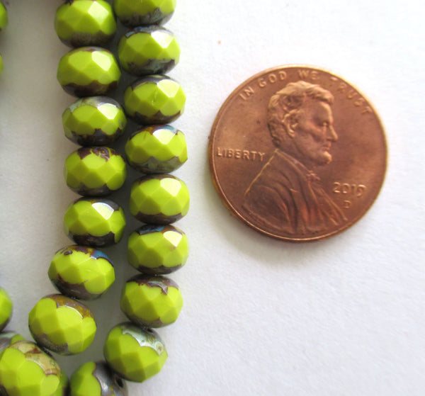 Lot of 25 Czech glass puffy rondelle beads - 7mm x 5mm opaque avocado green picasso faceted rondelles 00081