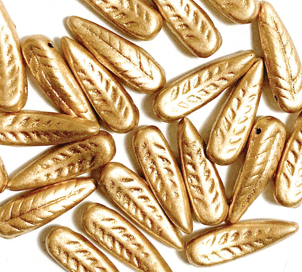25 Czech glass curved feather or dagger beads - 17 x 5mm matte metallic gold textured pressed glass beads - C0096
