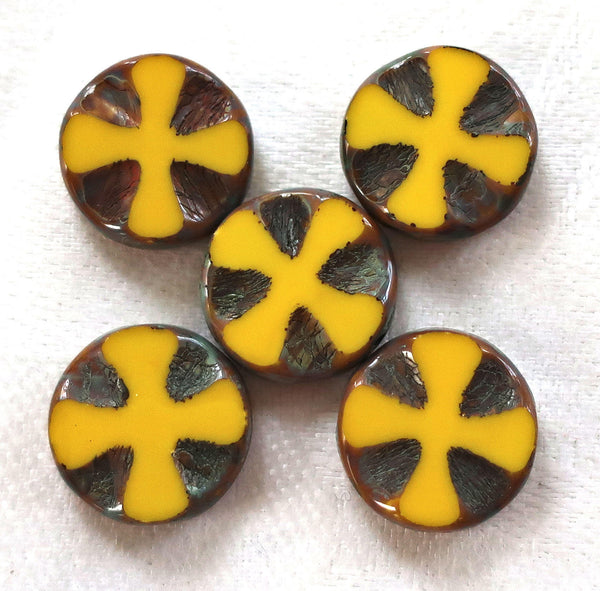 Five 14mm opaque bright yellow picasso, Czech glass, table-cut, carved, disc or coin beads, Celtic, Iron cross C0701 - Glorious Glass Beads