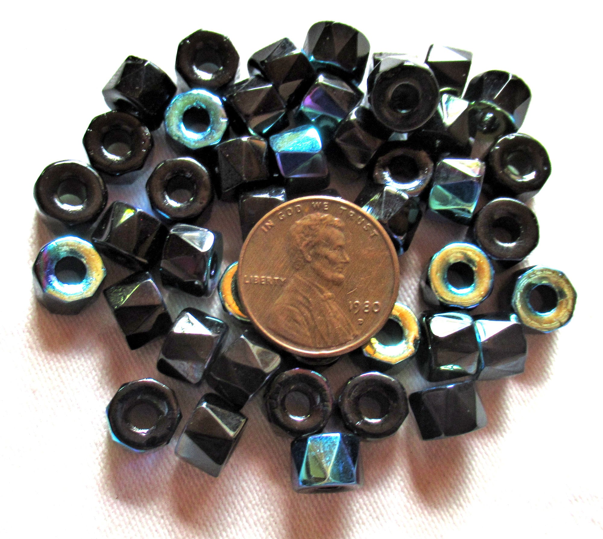 Lot of 25 9mm faceted Czech glass pony roller beads, - fire polished jet black AB large hole beads