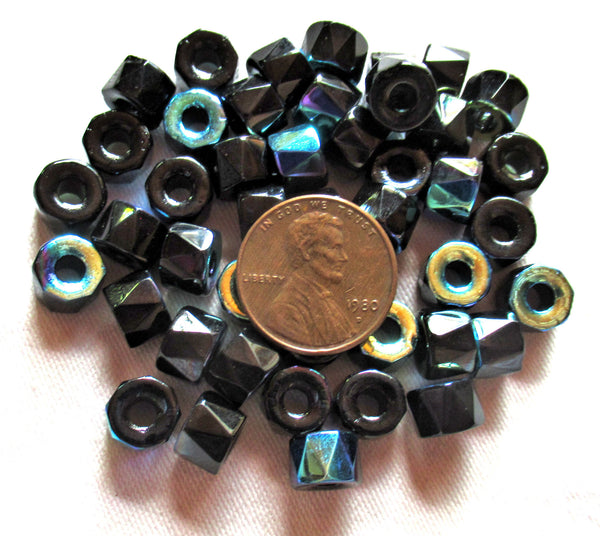 Lot of 25 9mm faceted Czech glass pony roller beads, - fire polished jet black AB large hole beads
