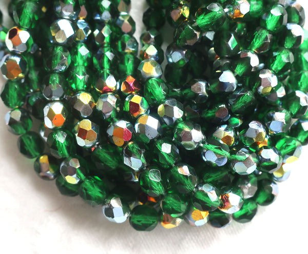 Lot of 25 6mm Marea Emerald Green Czech Glass beads, firepolished faceted round glass beads C0401