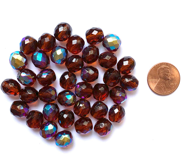 Twenty Czech glass fire polished faceted round beads - 10mm Madeira topaz AB or brown AB beads C0088