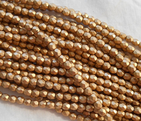 Fifty 4mm Matte Metallic Gold Flax Czech glass beads, fire polished, faceted round beads C0099