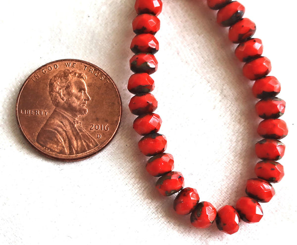 30 small, opaque bright red picasso puffy rondelle beads, 3mm x 5mm faceted Czech glass rondelles 51101 - Glorious Glass Beads