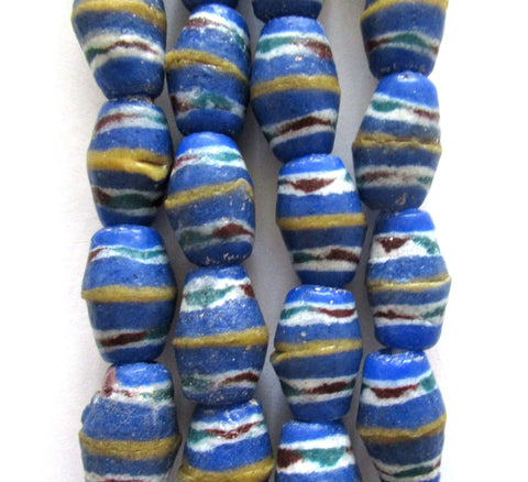 Six African Ghana sand cast recycled glass oval bicone beads - 17 -15mm x 10 - 11mm blue striped big hole rustic, earthy beads C11510
