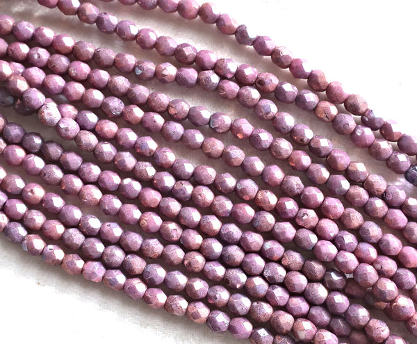 Lot of 50 4mm Opaque Amethyst Luster Czech glass beads, Faceted, firepolished purple luster smooth round beads, C9601