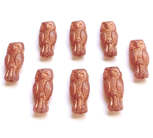 10 Czech glass owl beads - top drilled 7 x 15mm translucent pink with bronze wash pressed glass beads C0005