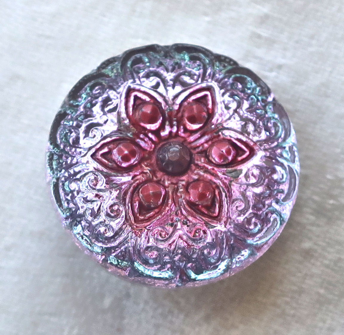 One 18mm Czech glass button, light sapphire blue and pink patterened decorative shank buttons 05201 - Glorious Glass Beads