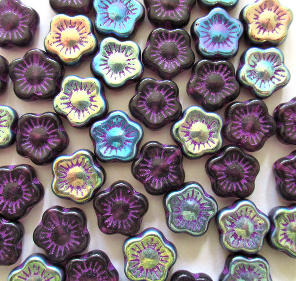 Lot of twenty 10mm Czech glass flower beads - tanzanite purple ab with a purple wash - C00031