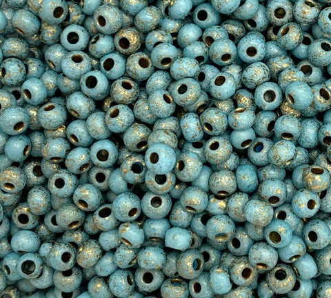 24 grams Czech glass seed beads - 6/0 etched turquoise or teal blue with gold accents Preciosa Rocaille seed beads - C00002
