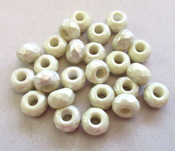 Ten Czech glass roller beads - 8.5 x 5mm off white or ecru w/ a silvery mercury finish faceted roller, rondelle, big 3.5mm hole beads C0099