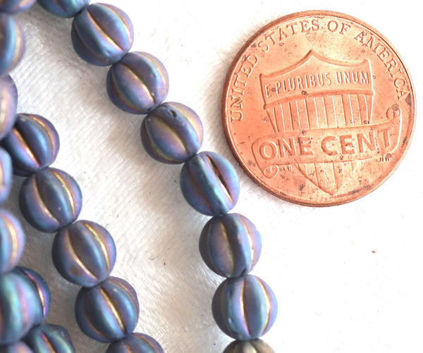 Lot of 50 matte blue iris Czech glass melon beads, 6mm pressed glass beads C1701 - Glorious Glass Beads