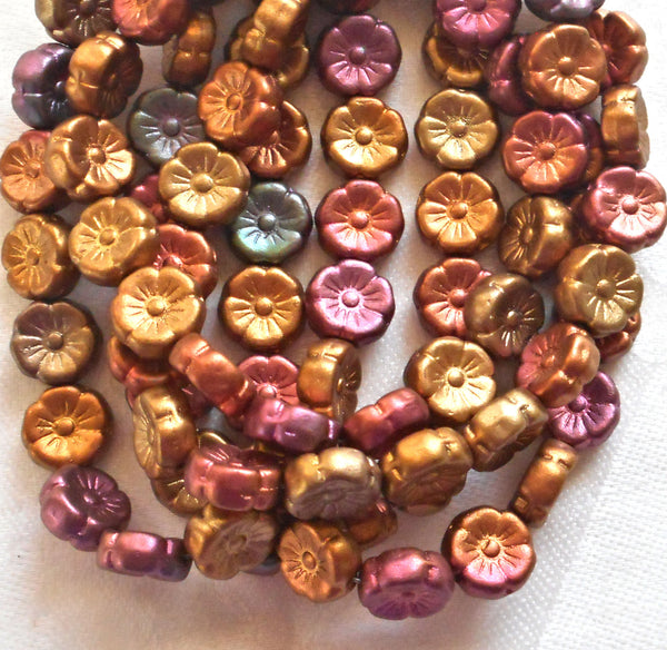 Lot of 20 12mm purple. blue, pink, orange & gold metallic Czech glass flower beads, bronze iris pressed glass Hawaiian flowers, C06101 - Glorious Glass Beads
