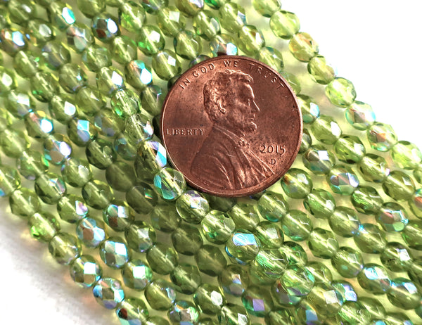 Lot of 50 4mm Olive, Olivine Green AB Czech glass beads, firepolished, faceted round beads C8501 - Glorious Glass Beads