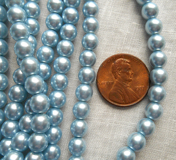 50 6mm blue glass pearl druk beads, light sapphire blue Preciosa Czech round, smooth glass pearls C0068