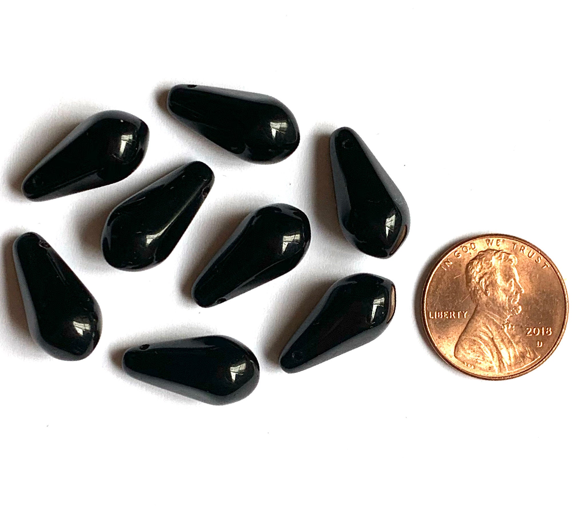 Ten large Czech glass teardrop beads - 9 x 18mm opaque jet black pressed glass side drilled six sided drops C0052