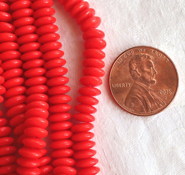 Lot of 50 6mm Czech glass rondelle beads, opaque bright red flat spacers or rondelles C0601