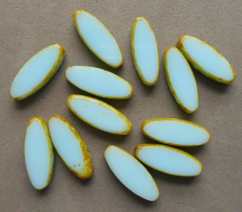 Ten 17 x 8mm light sky, baby, powder blue table cut, oval, oblong, picasso Czech glass spindle beads C00101 - Glorious Glass Beads