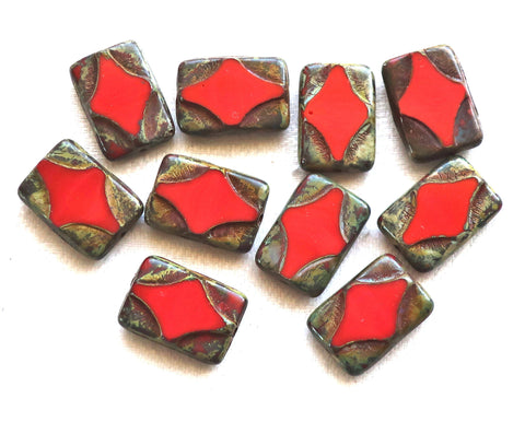 Five 16 x 11mm opaque red Czech glass rectangle beads, , rectangular, carved, table cut beads with a picasso finish C51101 - Glorious Glass Beads
