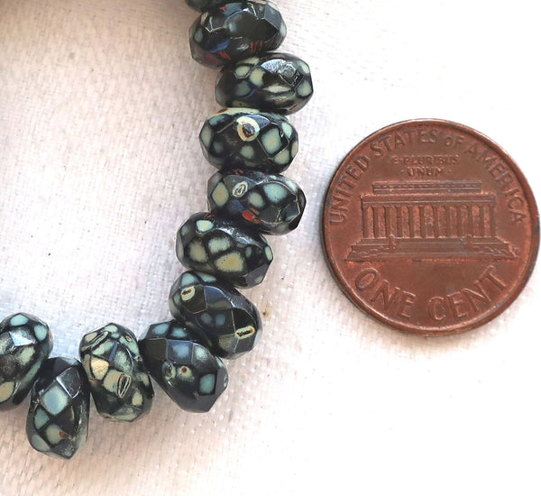 Ten 9mm x 6mm Jet Black Picasso Czech glass beads, faceted round roller, rondelle beads, big 3.5mm hole beads C50110 - Glorious Glass Beads