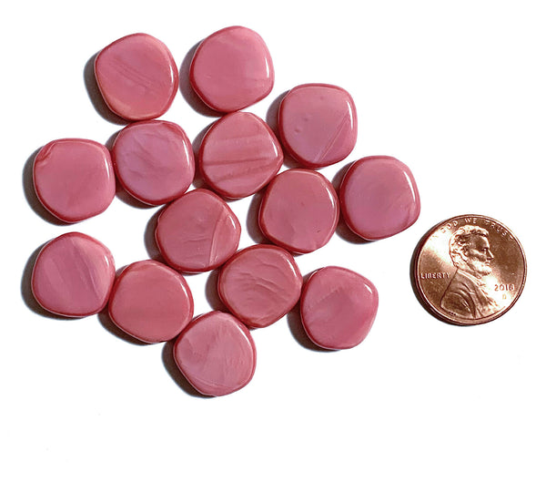 Ten 15mm Czech glass asymmetrical coin or disc beads - opaque pink silk beads - C0019